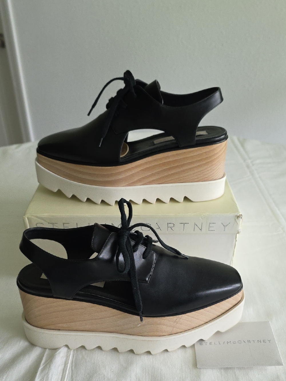 Stella McCartney Black Leather Lace-Up Platform Sandals with Wood-Tone Midsole